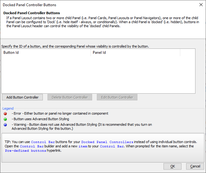 Add a new Button Controller on the Docked Panel Controller
Buttons dialog by clicking Add Button Controller.